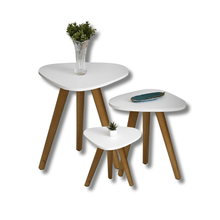 Carregar imagem no visualizador da galeria, Kit Trio Jogo de Mesinhas Lateral Sala Pé Palito Retro Tampo Orgânico